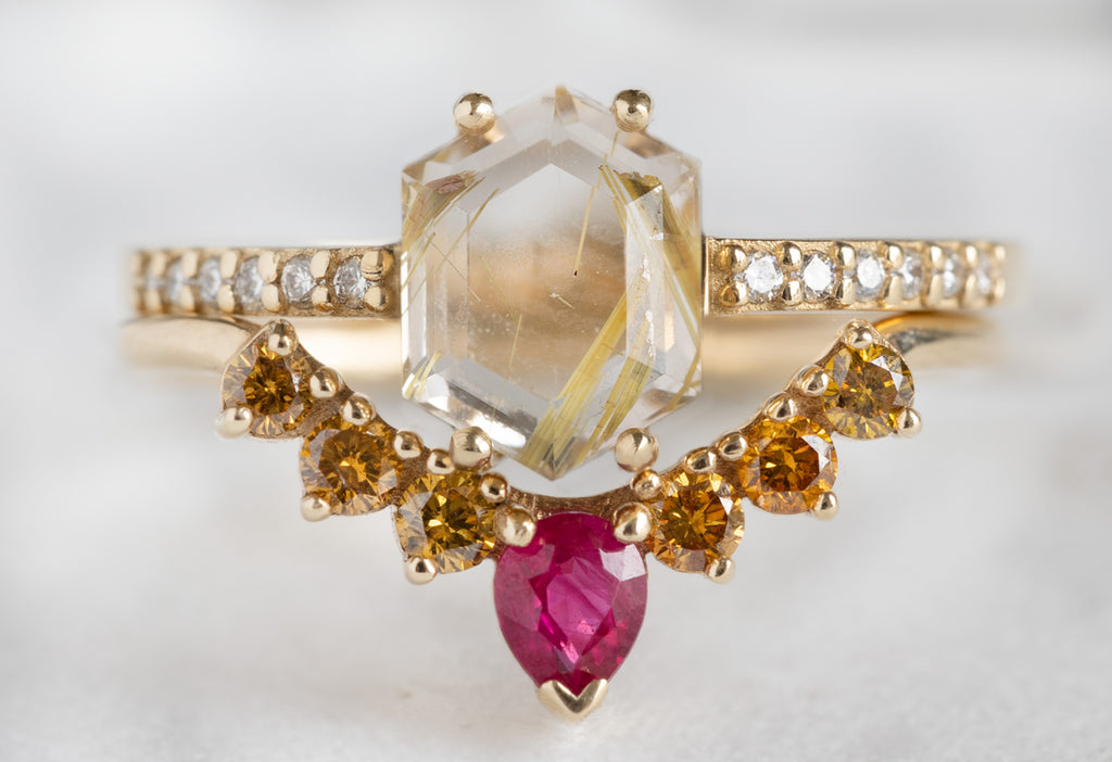 The Willow Ring with a Hexagon Rutilated Quartz with Stacking Band