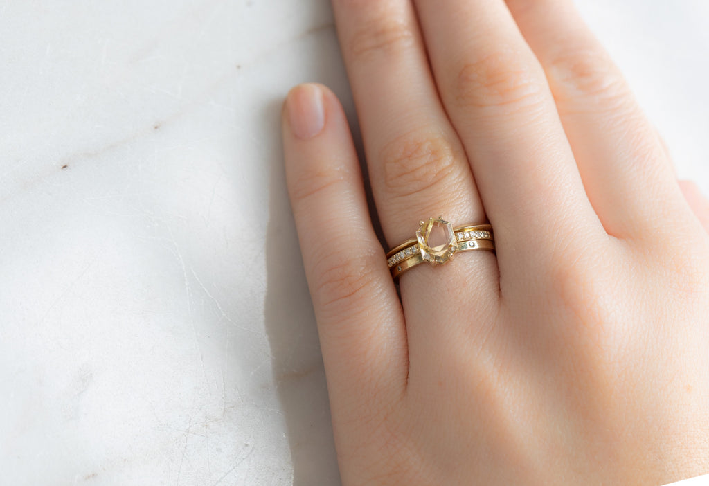 The Willow Ring with a Hexagon Rutilated Quartz with Stacking Bands on Model