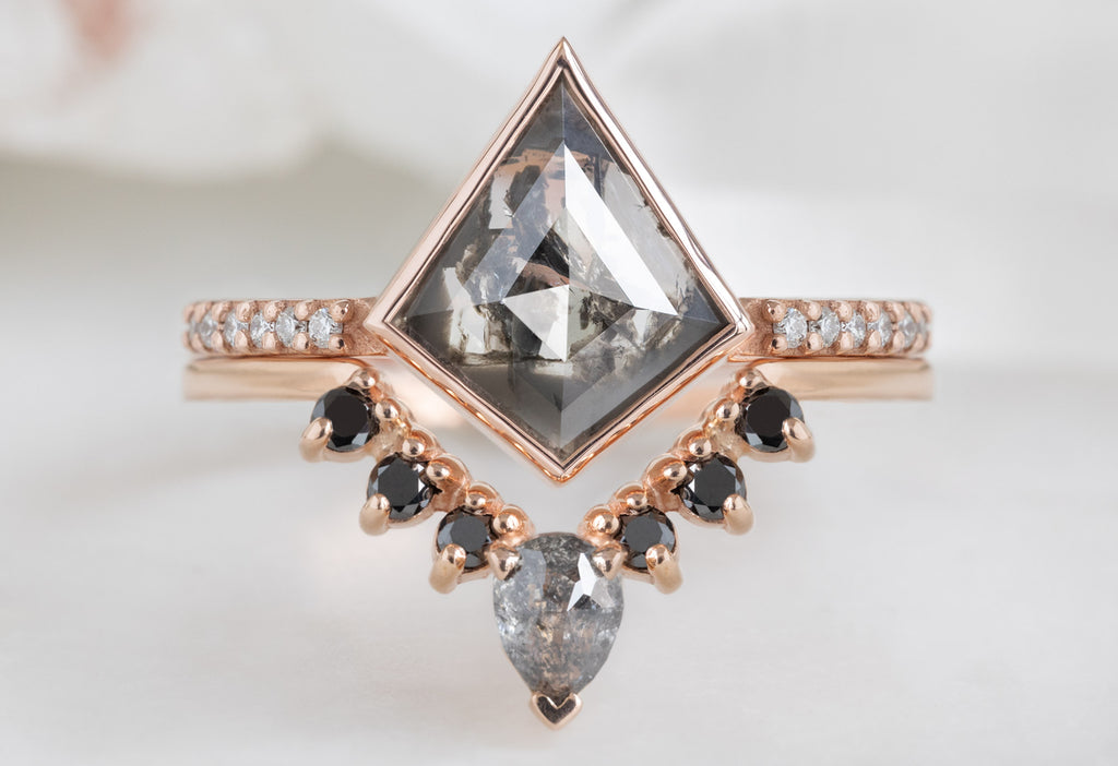 The Willow Ring with a Kite-Shaped Black Diamond with Black Diamond Sunburst Stacking Band