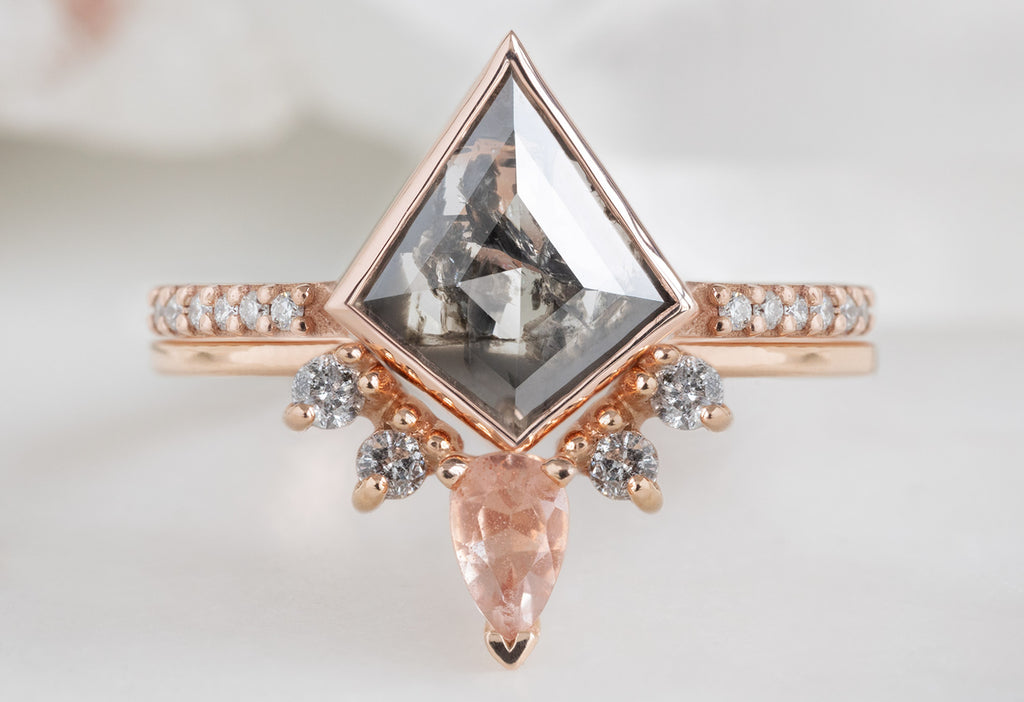 The Willow Ring with a Kite-Shaped Black Diamond with Diamond and Sunstone Sunburst Stacking Band