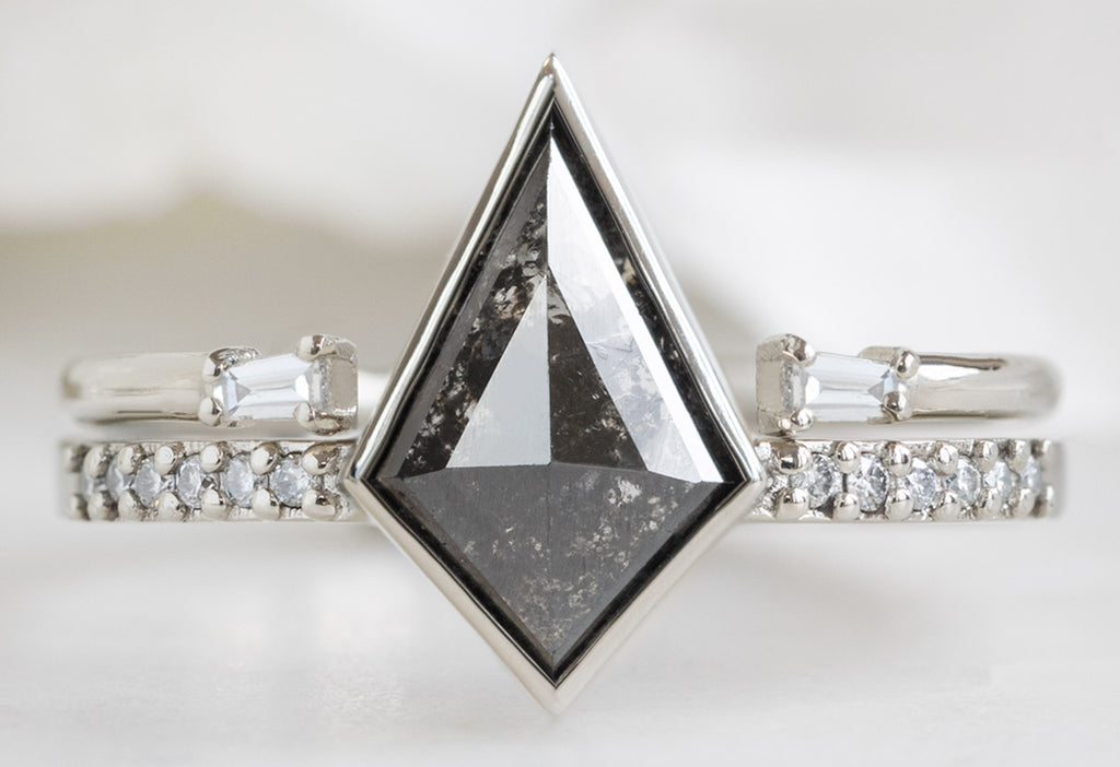 The Willow Ring with a Kite Shaped Black Diamond with Open Cuff Baguette Stacking Band