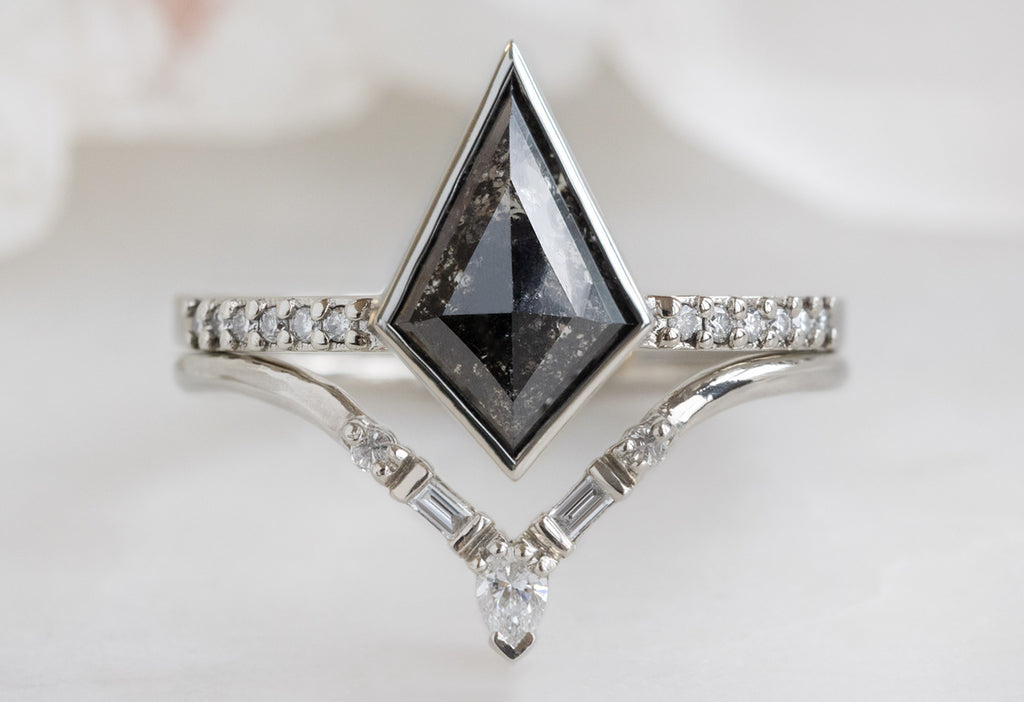The Willow Ring with a Kite Shaped Black Diamond with White Diamond Tiara Stacking Band