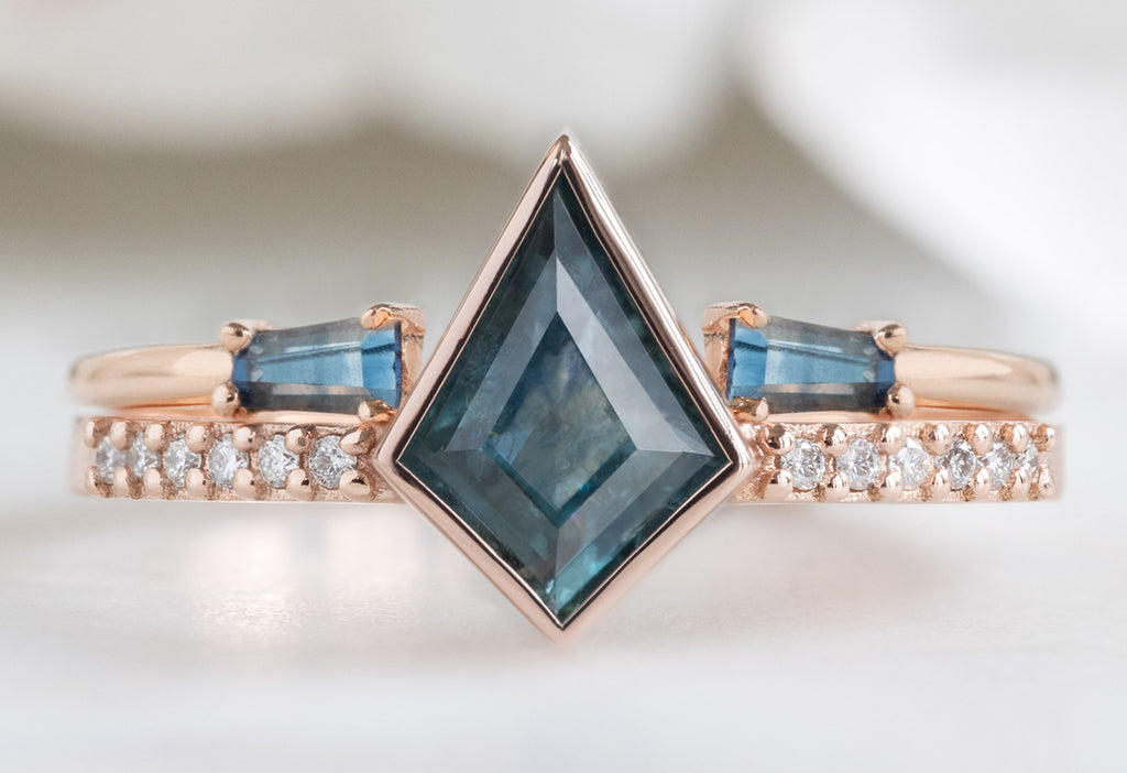 The Willow Ring with a Kite-Shaped Montana Sapphire with Open Cuff Sapphire Baguette Stacking Band