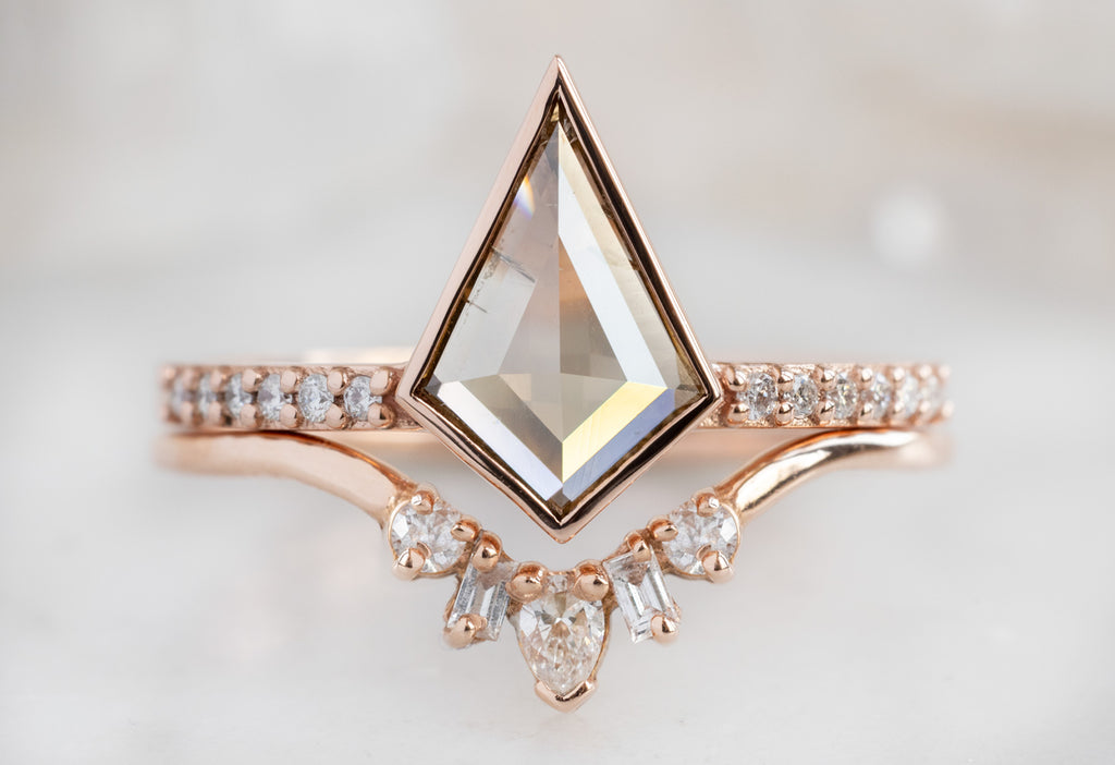 The Willow Ring with a Kite-Shaped Pink Diamond with White Diamond Geometric Stacking Band