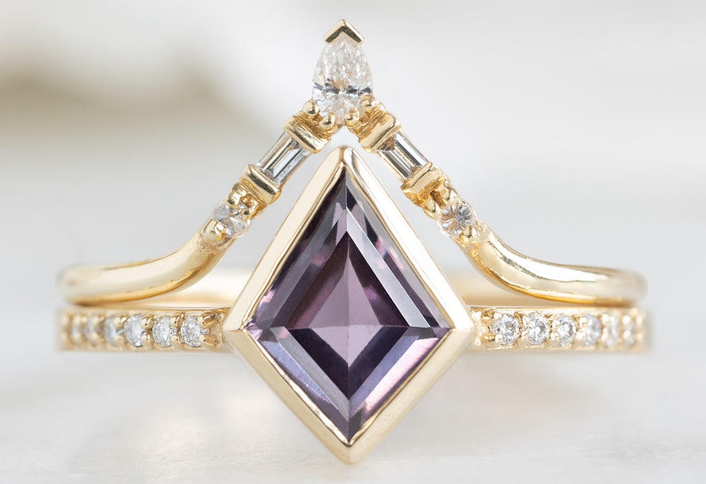 The Willow Ring with a Kite Shaped Purple Sapphire with White Diamond Tiara Stacking Band