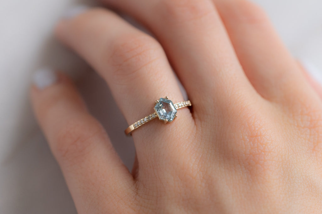 The Willow Ring with a Montana Sapphire Hexagon on Model