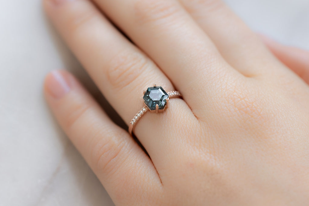 The Willow Ring with a Montana Sapphire Hexagon on Model
