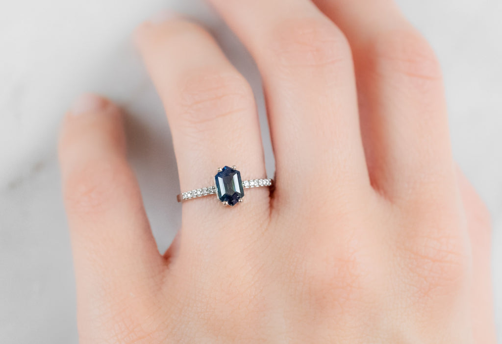 The Willow Ring with a Montana Sapphire Hexagon on Model