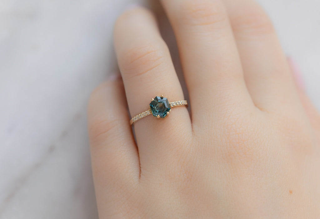 The Willow Ring with a Montana Sapphire Hexagon on Model