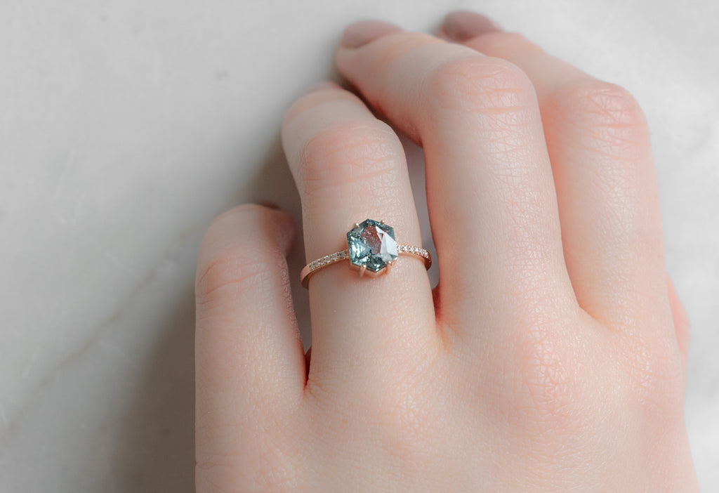 The Willow Ring with a Montana Sapphire Hexagon on Model