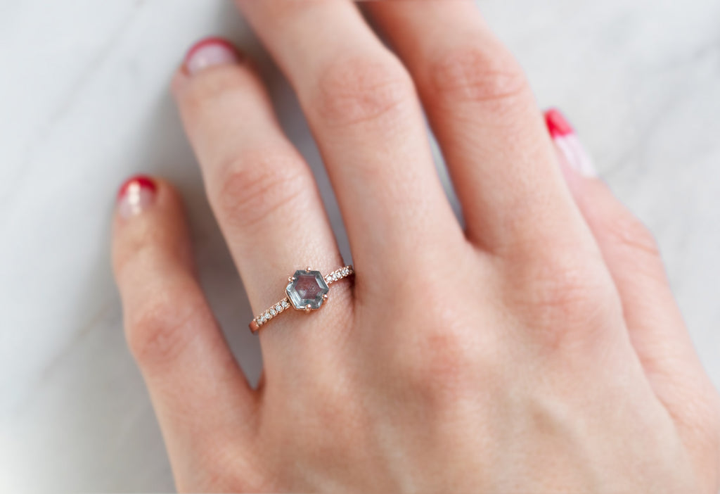 The Willow Ring with a Montana Sapphire Hexagon on Model