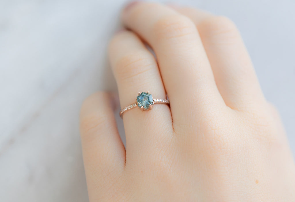 The Willow Ring with a Montana Sapphire Hexagon on Model