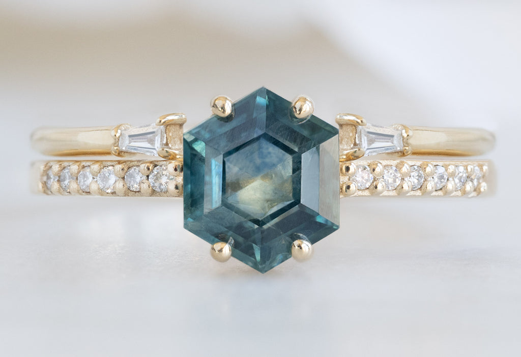The Willow Ring with a Montana Sapphire Hexagon with Open Cuff Baguette Stacking Band