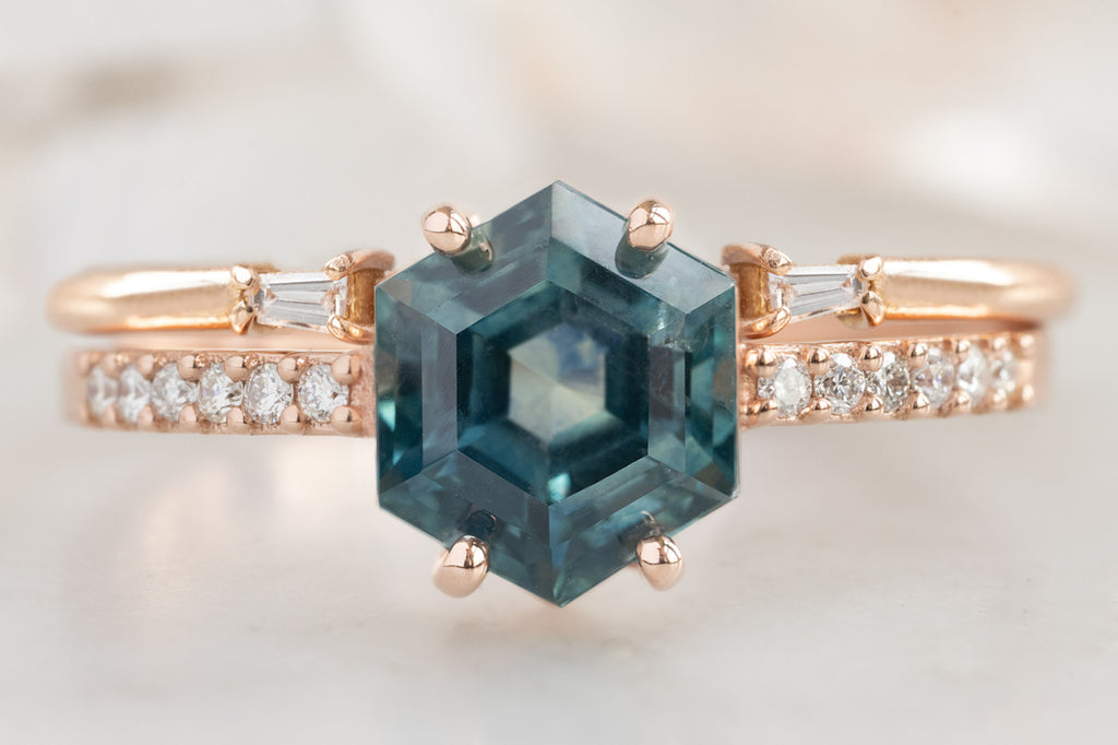 The Willow Ring with a Montana Sapphire Hexagon with Open Cuff Diamond Stacking Band