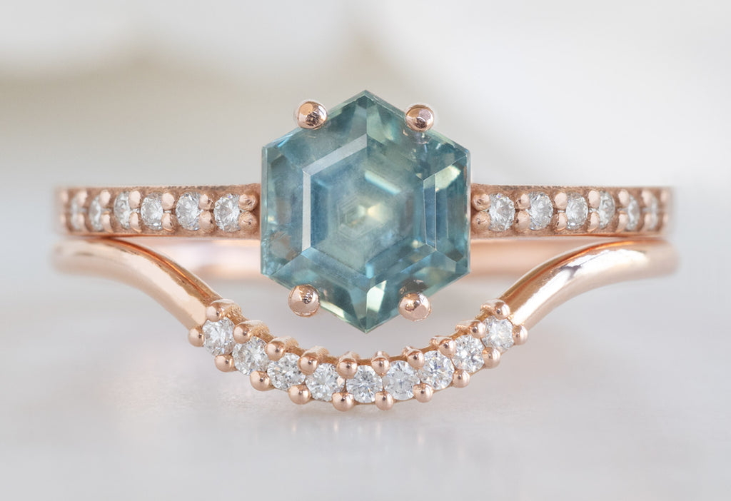 The Willow Ring with a Montana Sapphire Hexagon with Pavé Arc Stacking Band