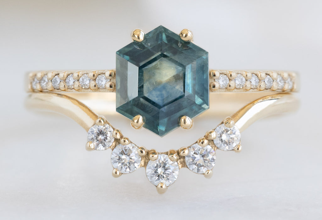 The Willow Ring with a Montana Sapphire Hexagon with Round White Diamond Sunburst Stacking Band