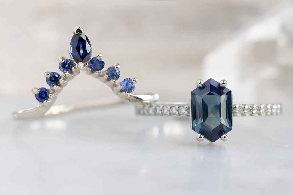 The Willow Ring with a Montana Sapphire Hexagon with Stacking Band
