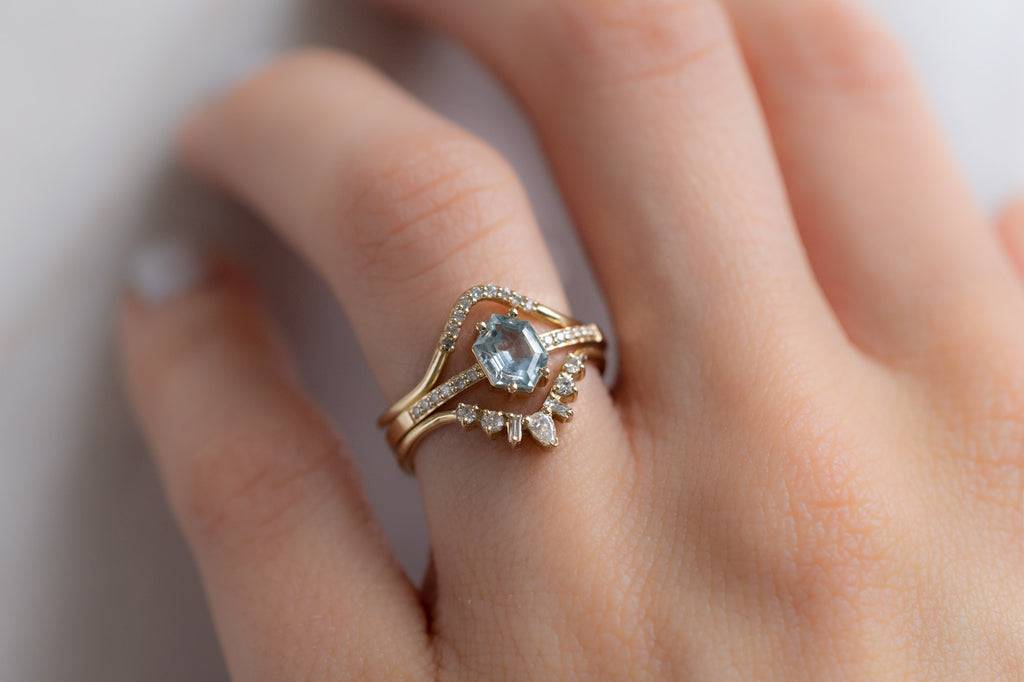 The Willow Ring with a Montana Sapphire Hexagon with Stacking Bands on Model
