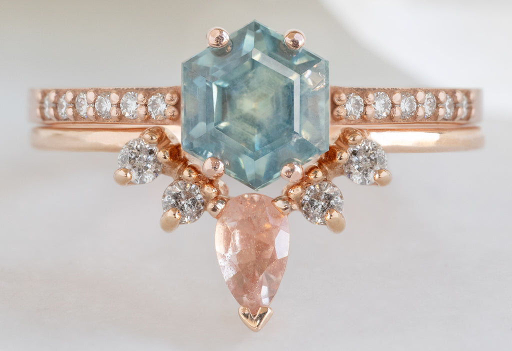 The Willow Ring with a Montana Sapphire Hexagon with Sunstone and Diamond Sunburst Stacking Band