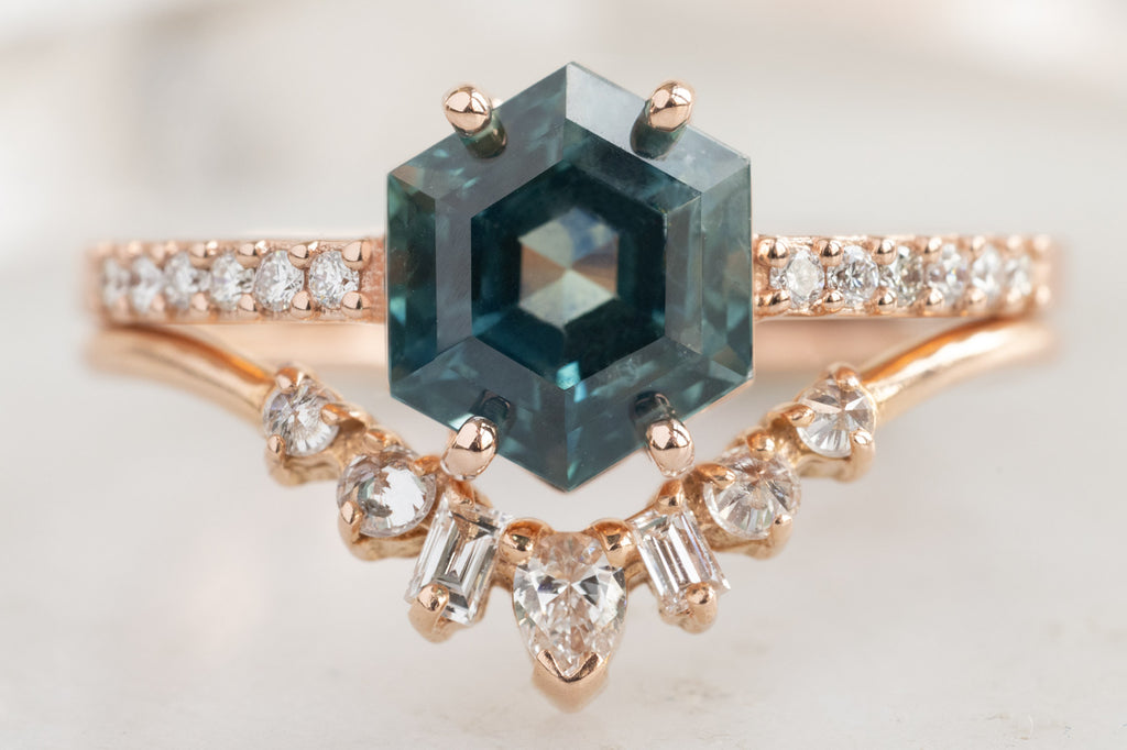 The Willow Ring with a Montana Sapphire Hexagon with White Diamond Geometric Sunburst