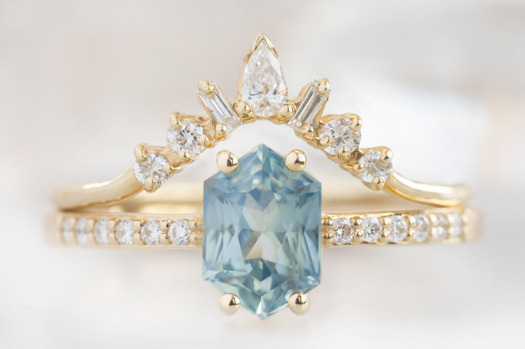 The Willow Ring with a Montana Sapphire Hexagon with White Diamond Stacking Band