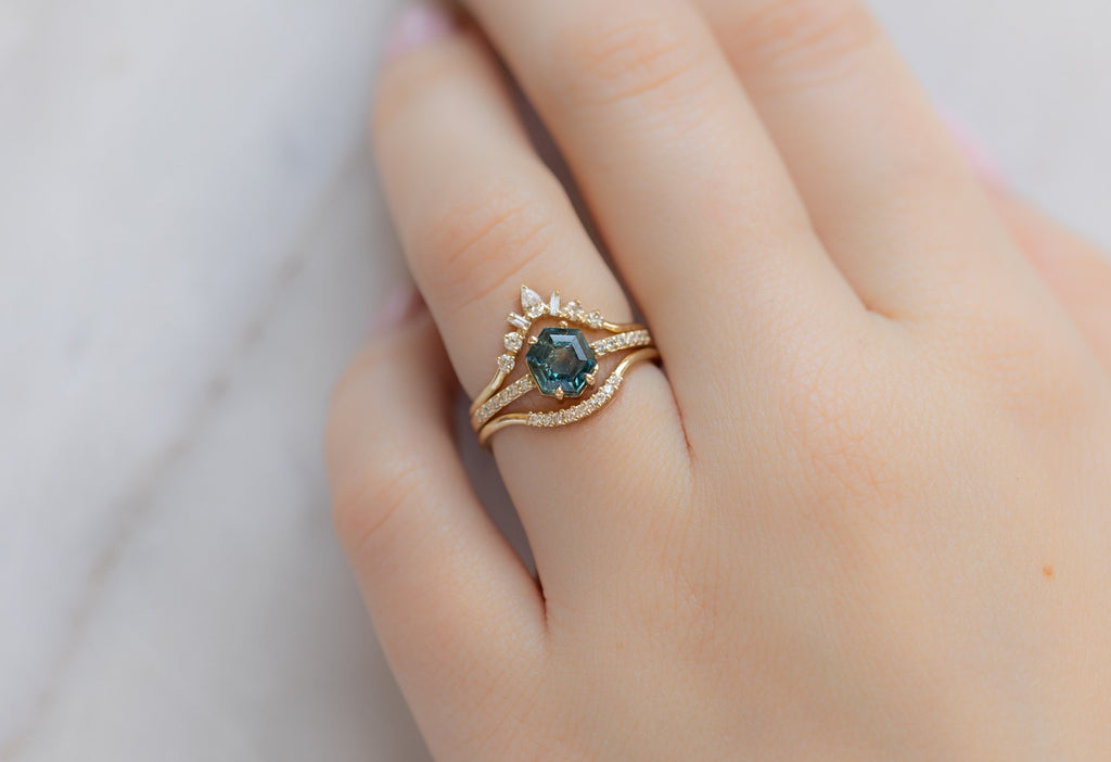 The Willow Ring with a Montana Sapphire Hexagon with White Diamond Stacking Bands