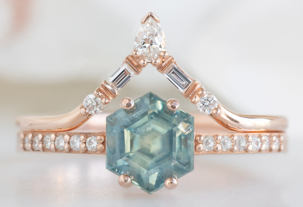 The Willow Ring with a Montana Sapphire Hexagon with Diamond Tiara Stacking Band