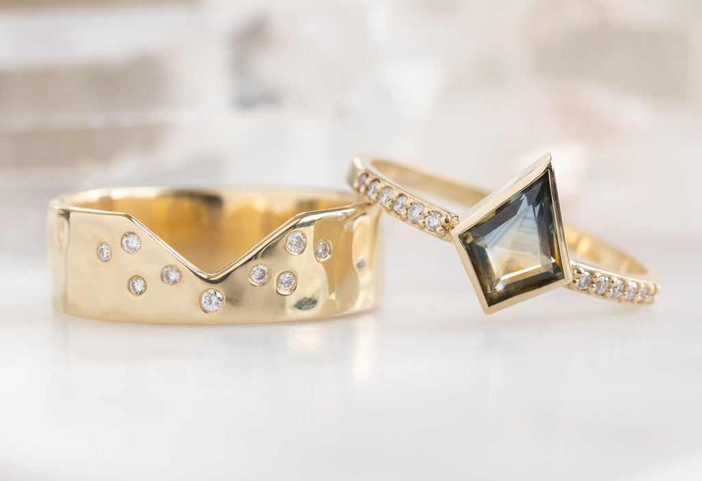 The Willow Ring with a Parti Montana Sapphire with Constellation Cut-Out Stacking Band