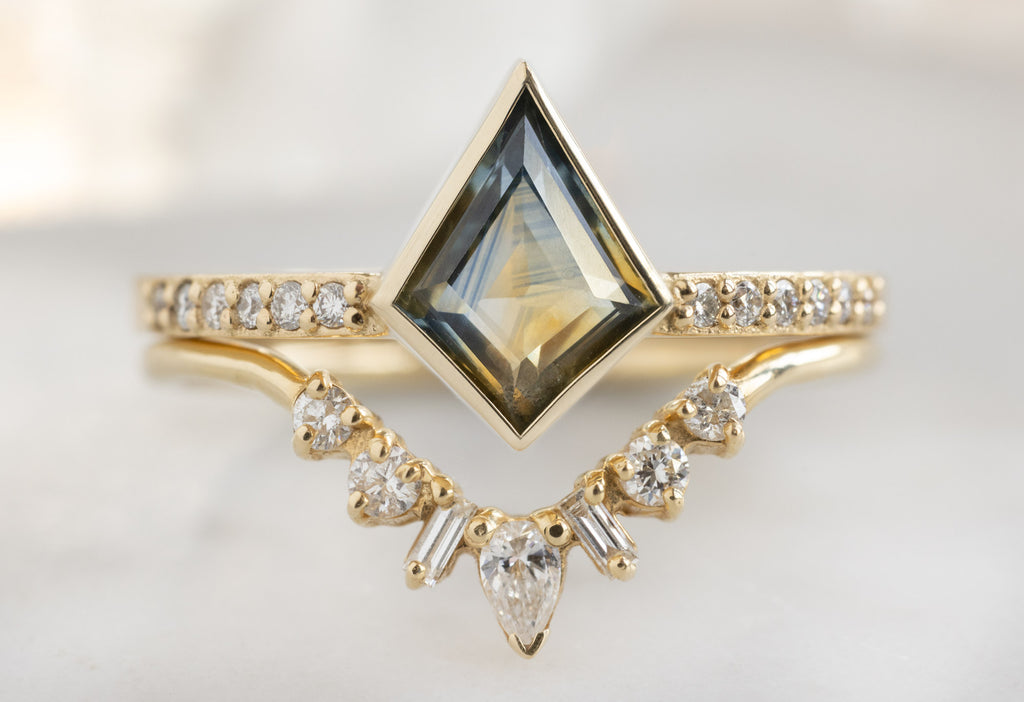 The Willow Ring with a Parti Montana Sapphire with Geometric Diamond Sunburst