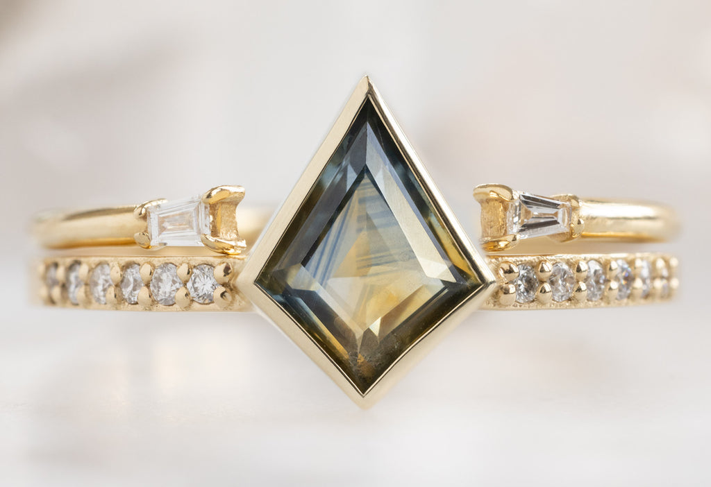The Willow Ring with a Parti Montana Sapphire with Open Cuff Baguette Stacking Band