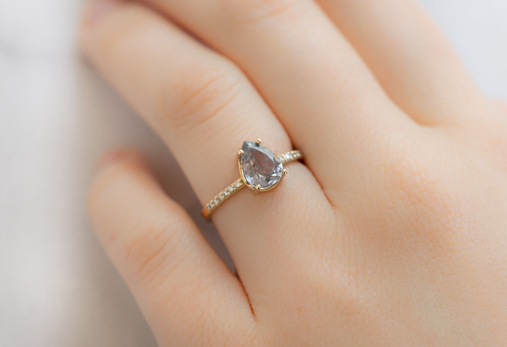 The Willow Ring with a Pear-Cut Lavender Sapphire on Model