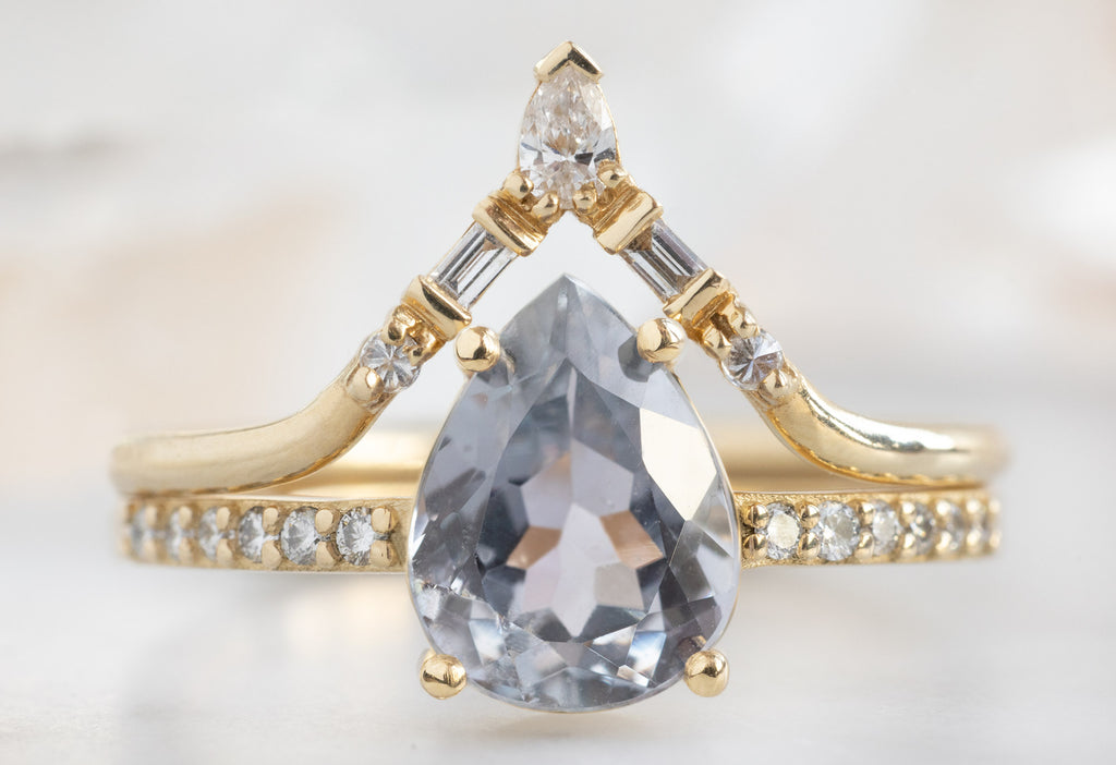 The Willow Ring with a Pear-Cut Lavender Sapphire with White Diamond Tiara Stacking Band