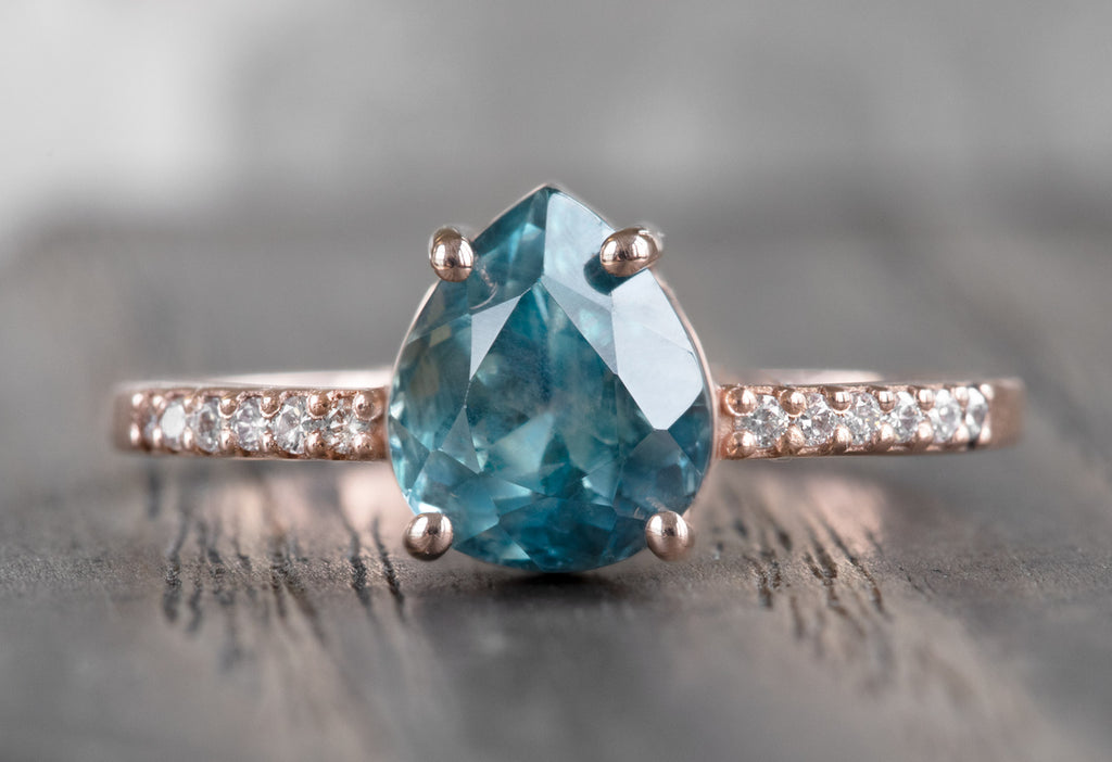 The Willow Ring with a Pear-Cut Montana Sapphire with Stacking Band