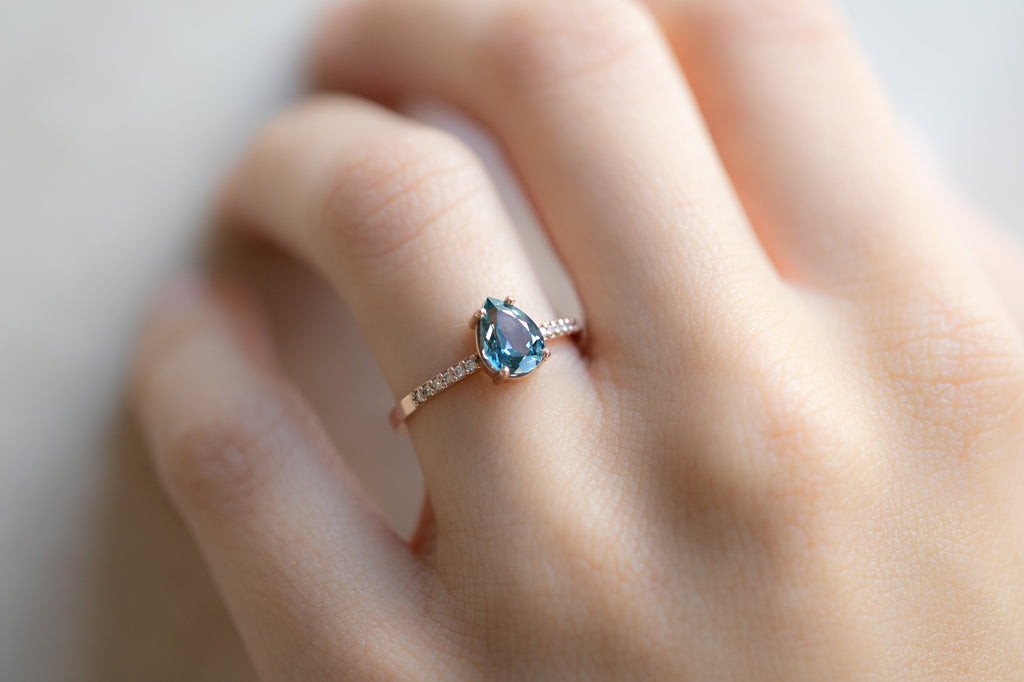 The Willow Ring with a Pear-Cut Montana Sapphire on Model