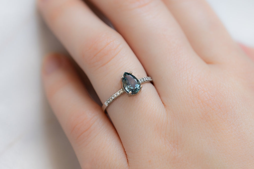 The Willow Ring with a Pear-Cut Montana Sapphire on Model