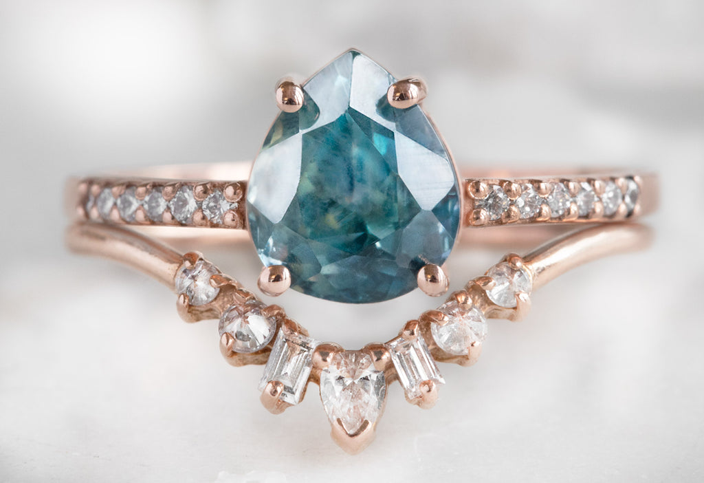 The Willow Ring with a Pear-Cut Montana Sapphire with Stacking Band