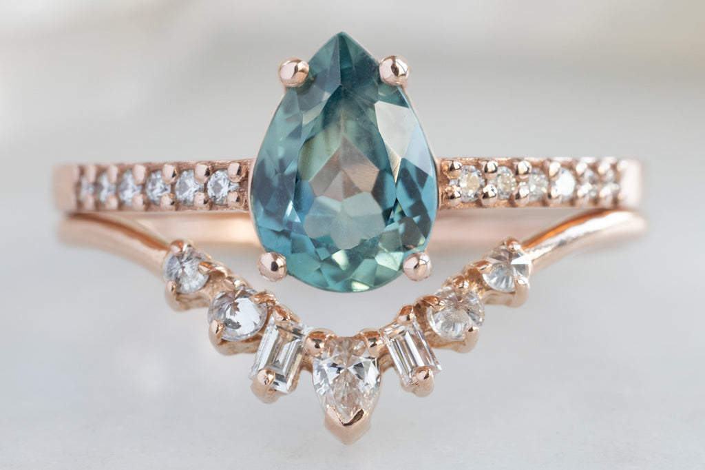 The Willow Ring with a Pear-Cut Montana Sapphire with Stacking Band