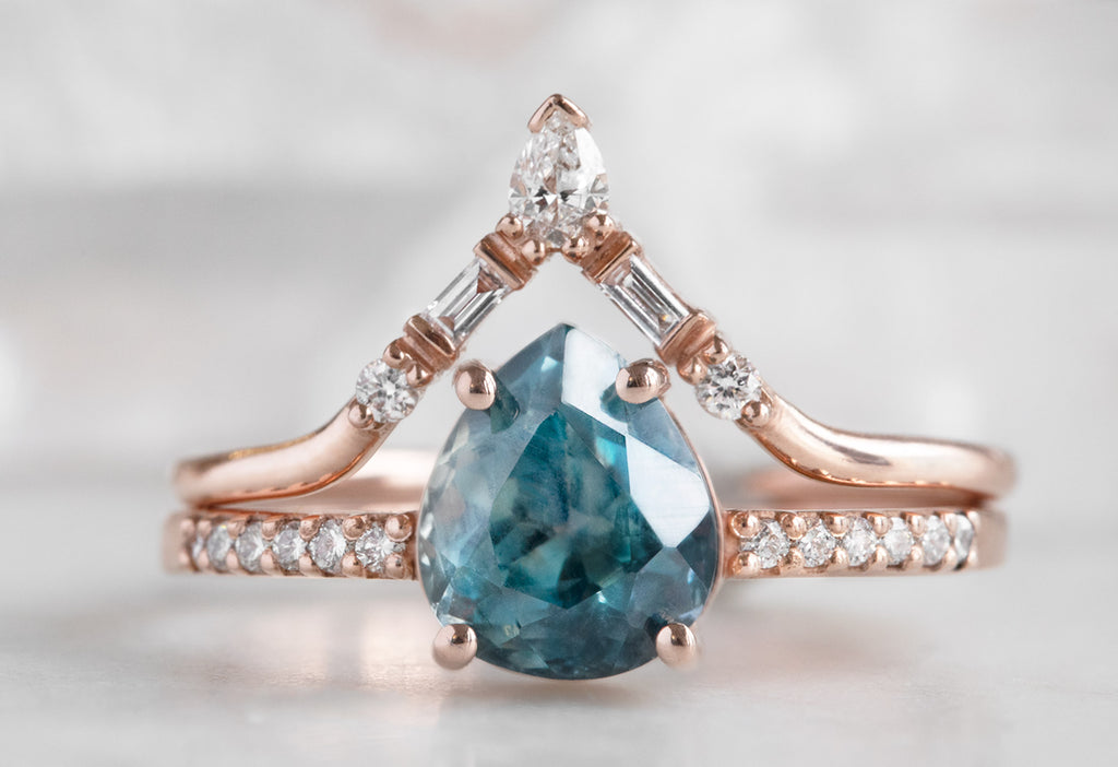 The Willow Ring with a Pear-Cut Montana Sapphire with Stacking Band