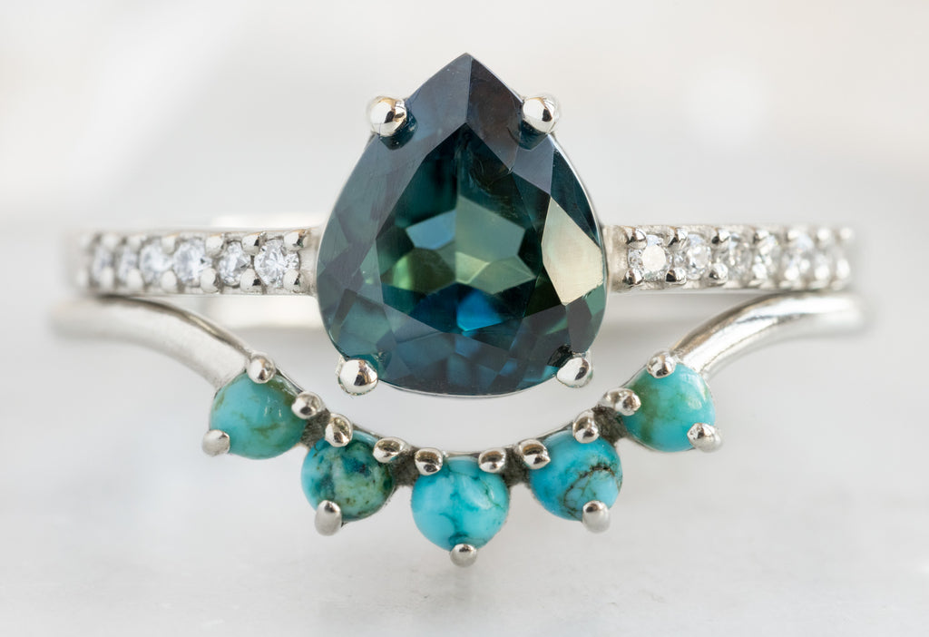The Willow Ring with a Pear-Cut Sapphire with Turquoise Stacking Band