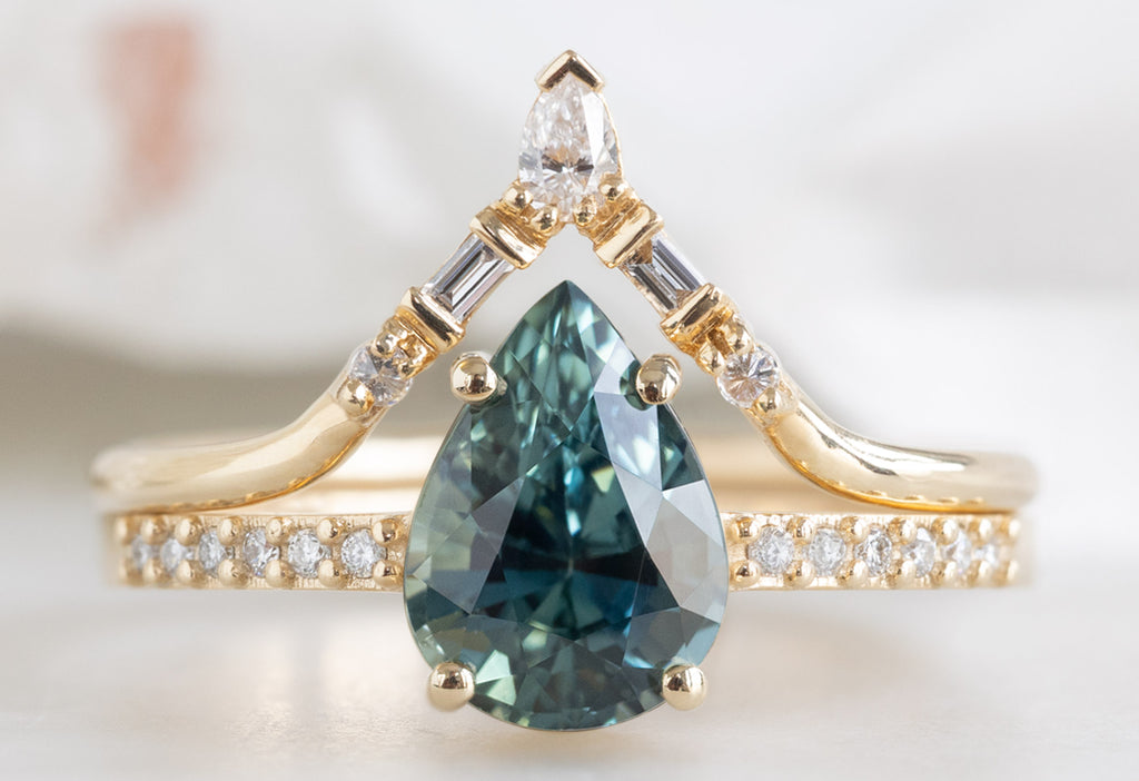 The Willow Ring with a Pear-Cut Montana Sapphire with White Diamond Tiara Stacking Band