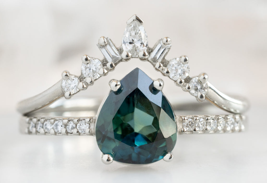 The Willow Ring with a Pear-Cut Sapphire with White Diamond Geometric Stacking Band