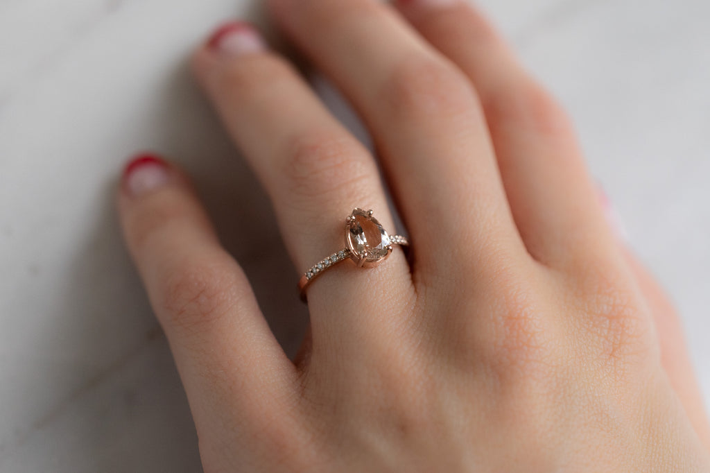 The Willow Ring with a Pear-Cut Morganite on Model
