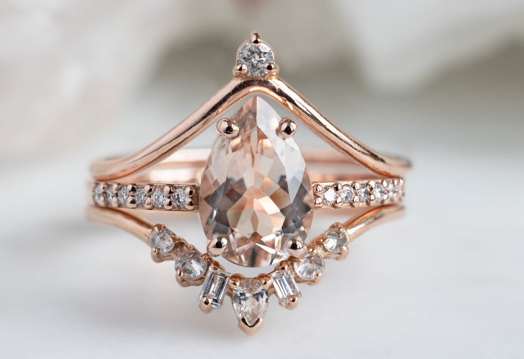 The Willow Ring with a Pear-Cut Morganite with Stacking Bands