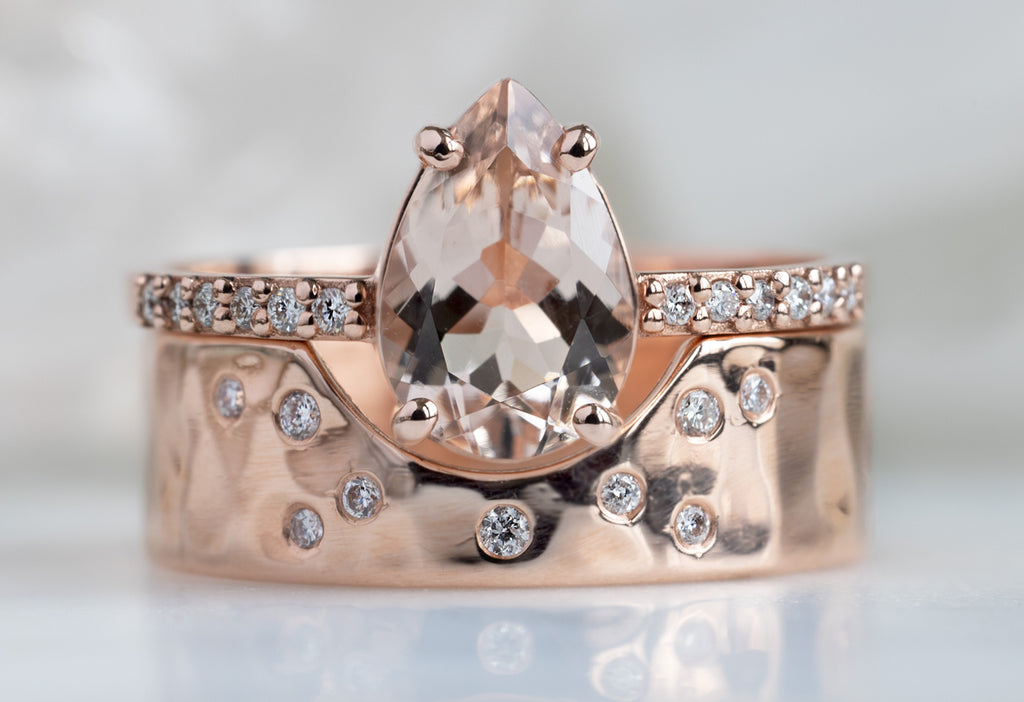 The Willow Ring with a Pear-Cut Morganite with Stacking Bands