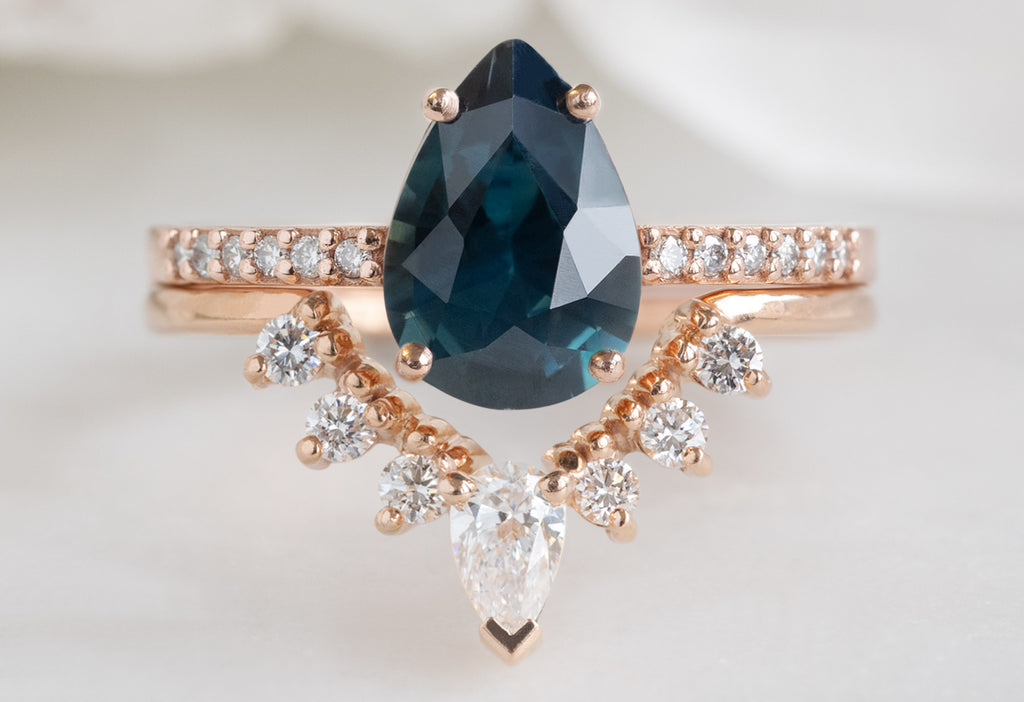 The Willow Ring with a Pear-Cut Sapphire with White diamond Sunburst Stacking Band