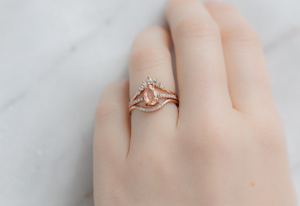 The Willow Ring with a Pear-Cut Sunstone on Model