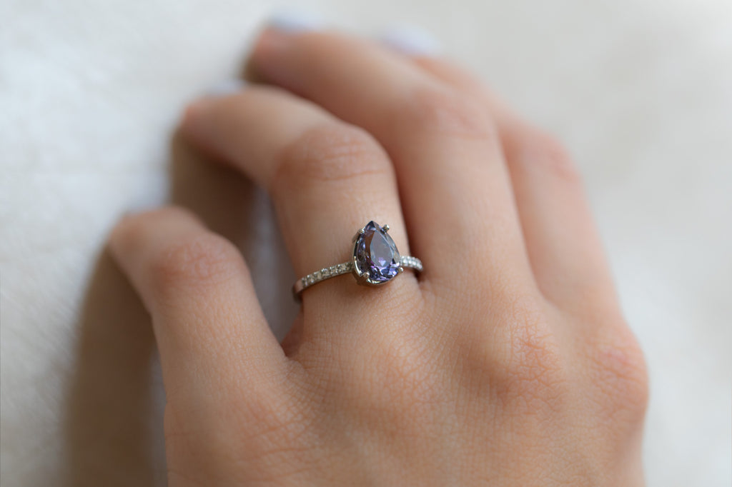 The Willow Ring with a Pear-Cut Tanzanite On Model
