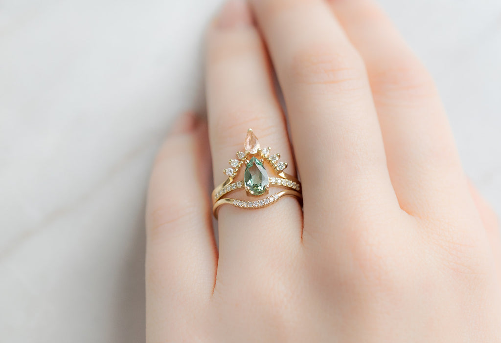 The Willow Ring with a Pear-Cut Tourmaline with Diamond Stacking Bands on Model