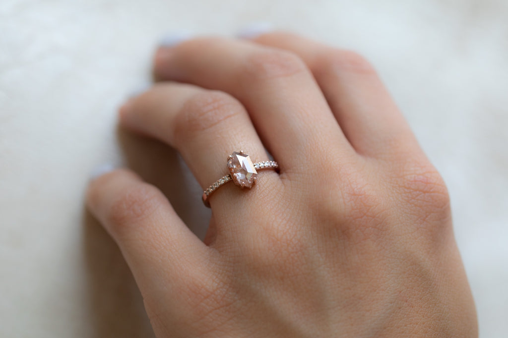 The Willow Ring with a Red Hexagon Diamond on model