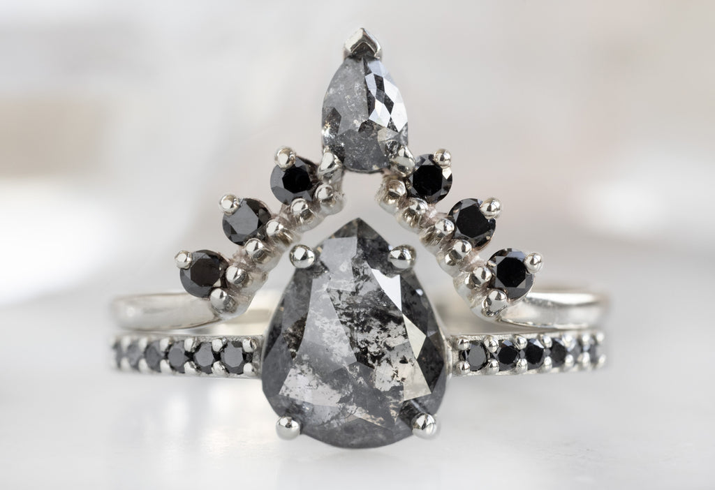 The Willow Ring with a Rose-Cut Black Diamond with Black Diamond Sunburst Stacking Band